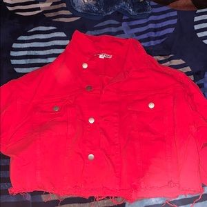 red cropped denim jacket
